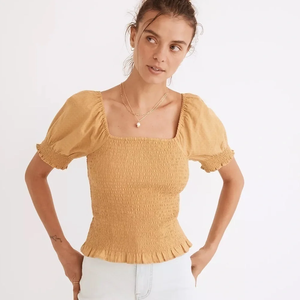 Madewell lucie puff sleeve smocked bodice top earthen gold